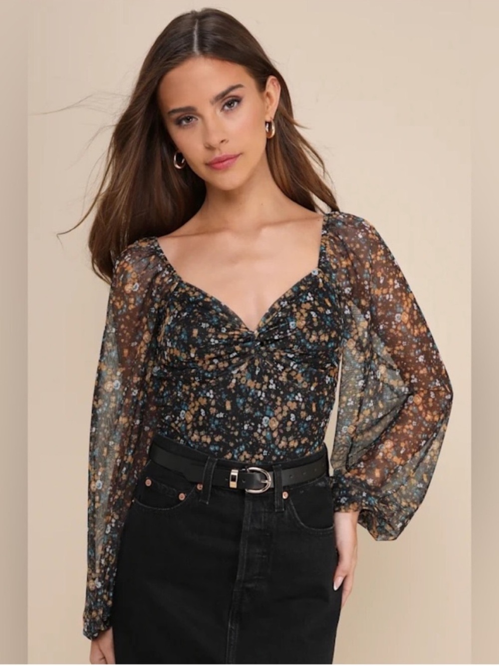 Lulus Black Floral Twist Front Sheer Sleeve Bodysuit Size Large